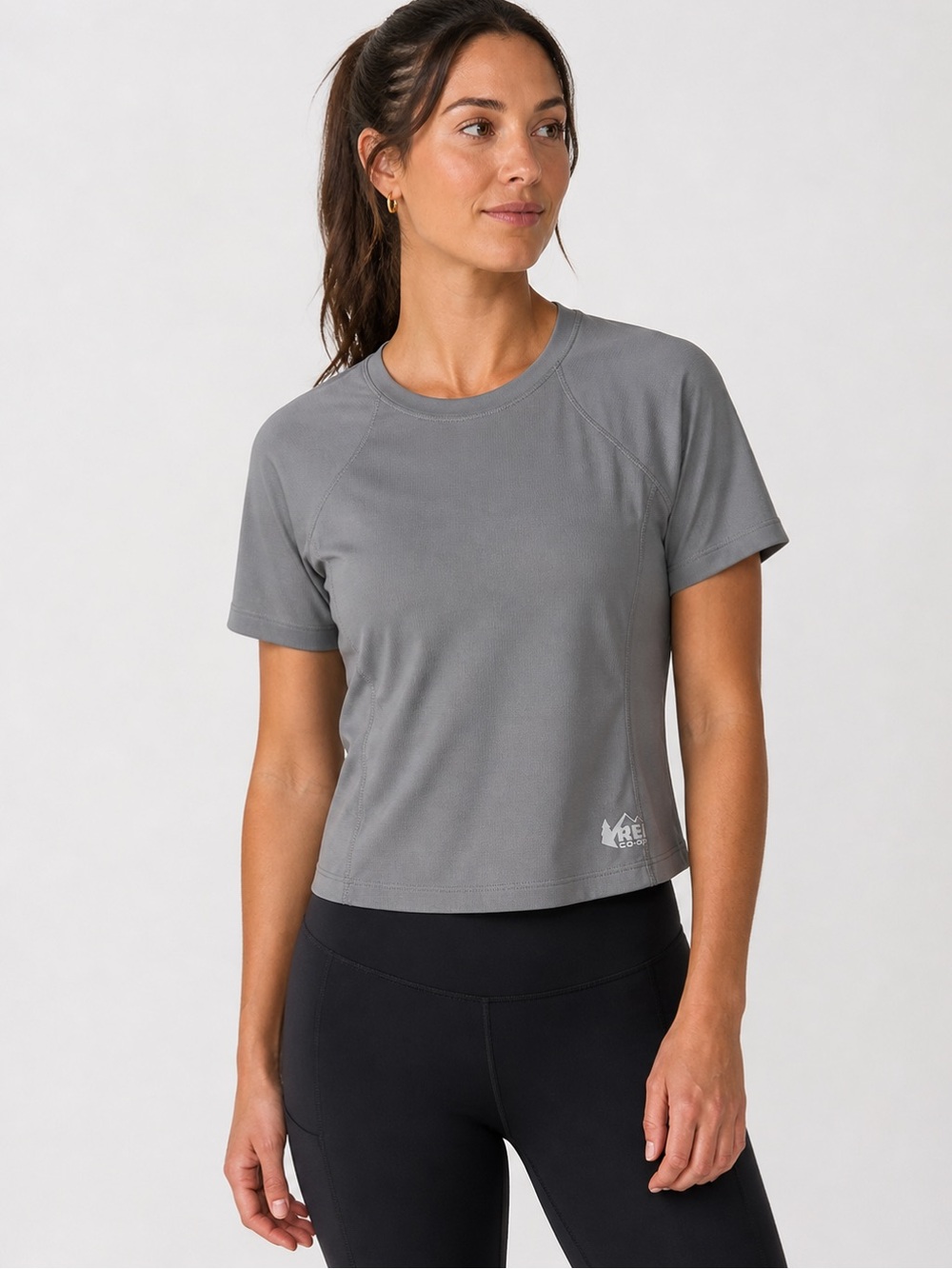 REI Co-op Shirt Womens Small Gray Swiftland Crop Short Sleeve Outdoor Top Shirt